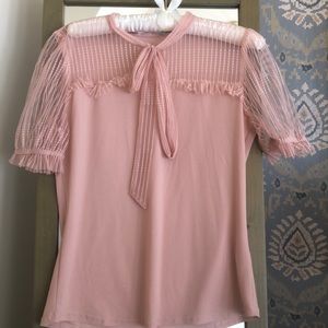 NWT pale pink sheer neck & sleeves top with ties